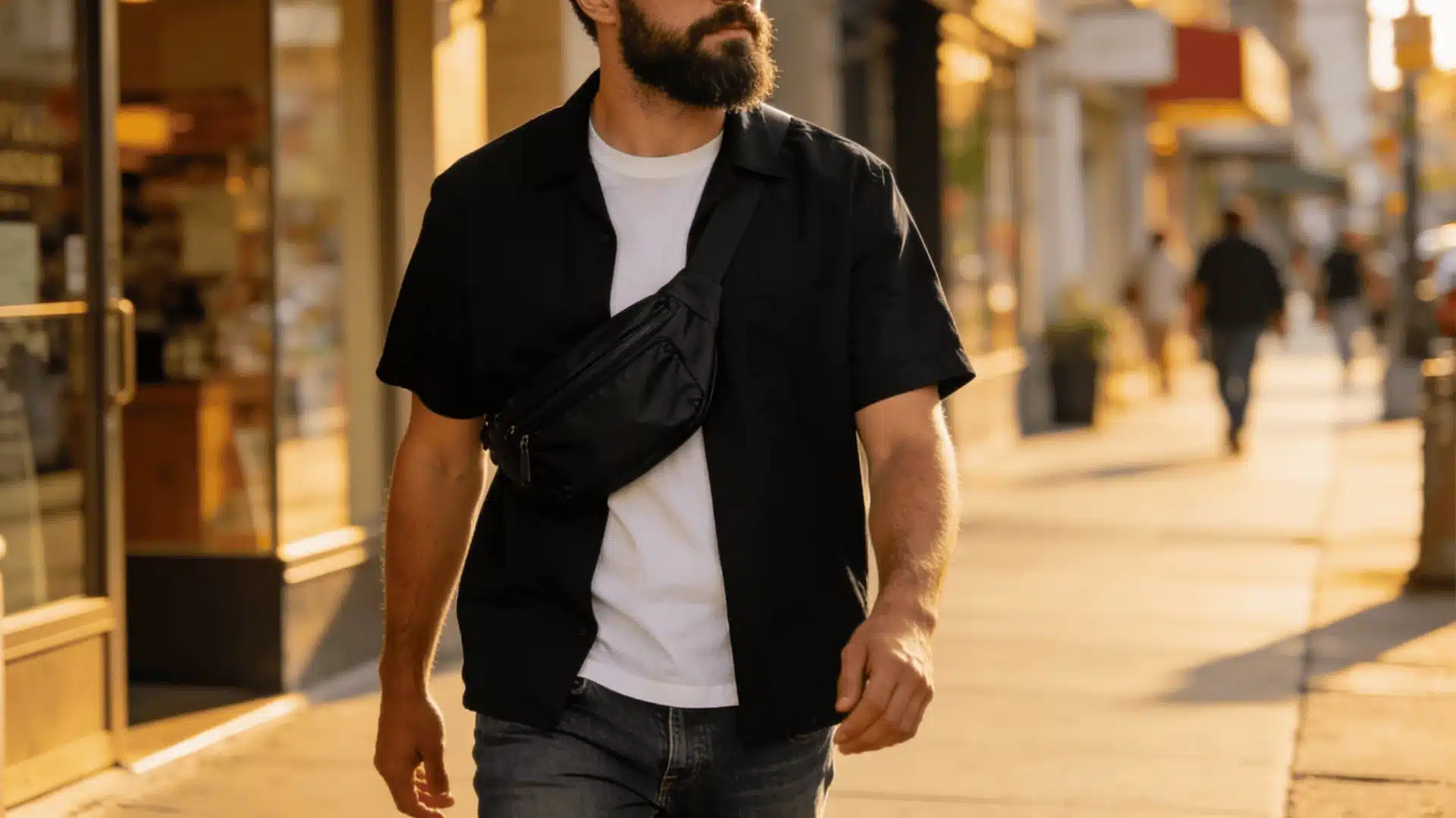 Bearded man wearing sunglasses, a black short-sleeve button-up shirt, and a black sling bag walks down a sunlit city sidewalk past storefronts.