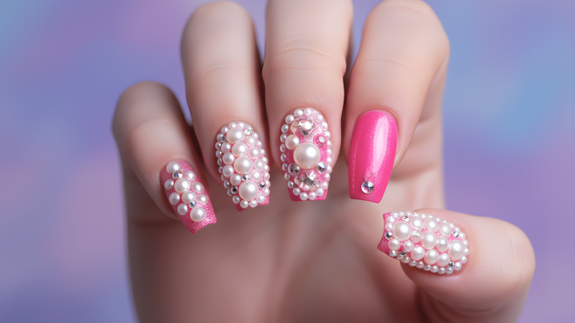 Bright hot pink nails adorned with clustered pearls and sparkling rhinestones, creating a glamorous, textured manicure with luxe statement appeal