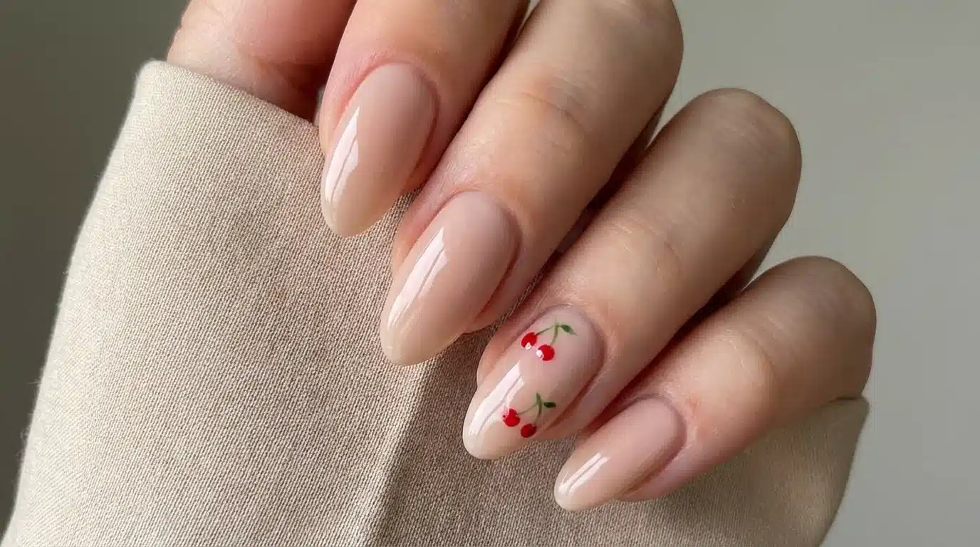 Close-up of a woman's hand showcasing nude nails featuring delicate cherry accents for a trendy manicure