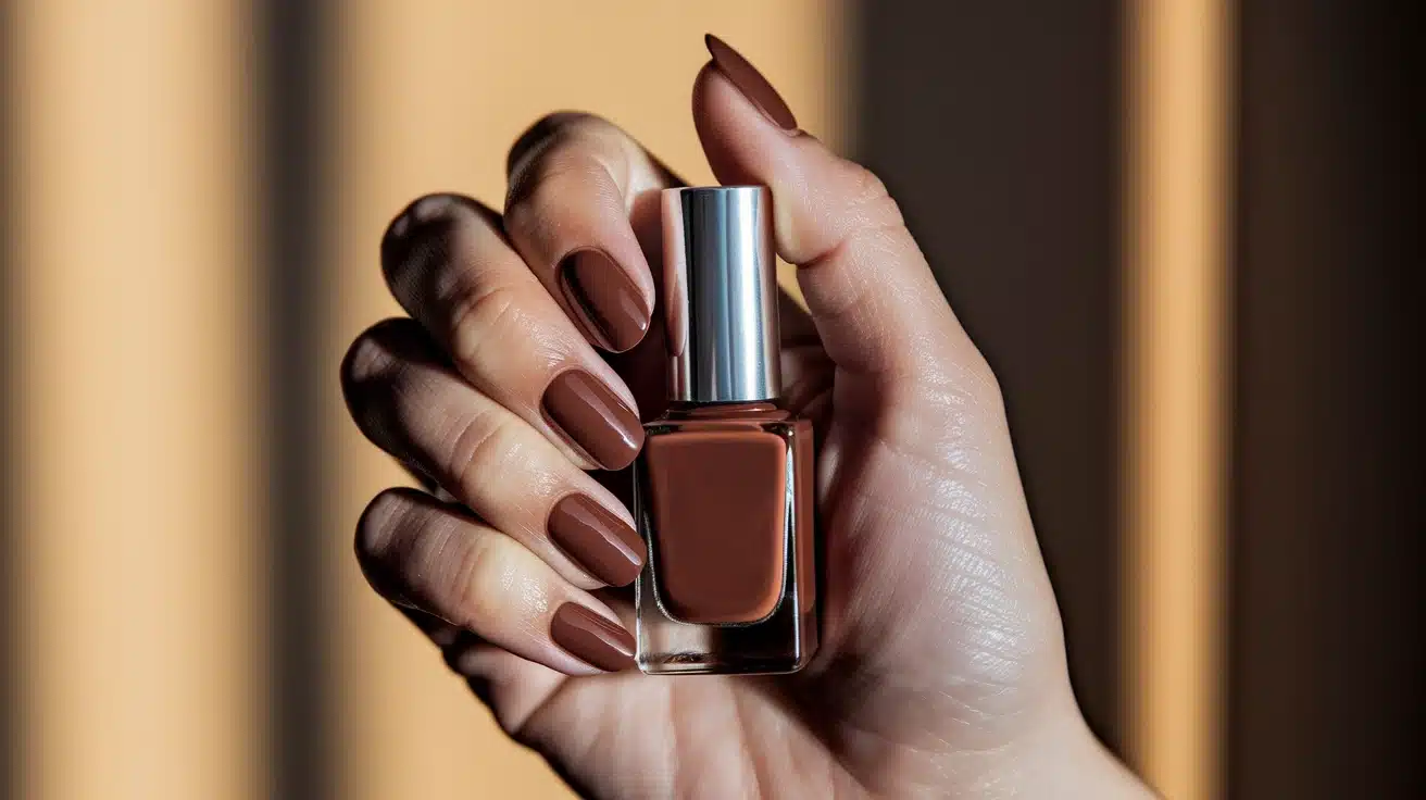 Close-up of a woman's hand with dark brown nails grasping a bottle of nail polish highlighting nail care