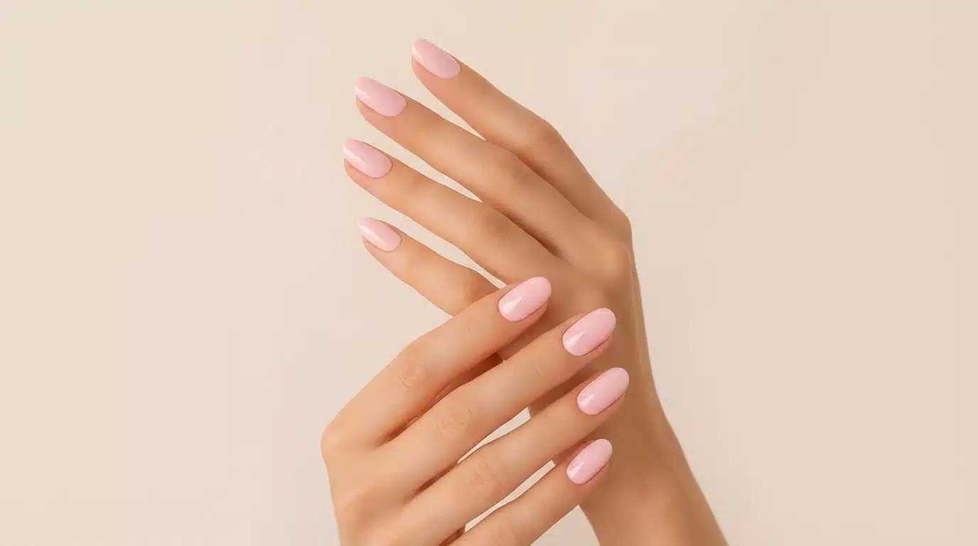 Close-up of hands featuring soft baby-pink rounded nails against a beige backdrop