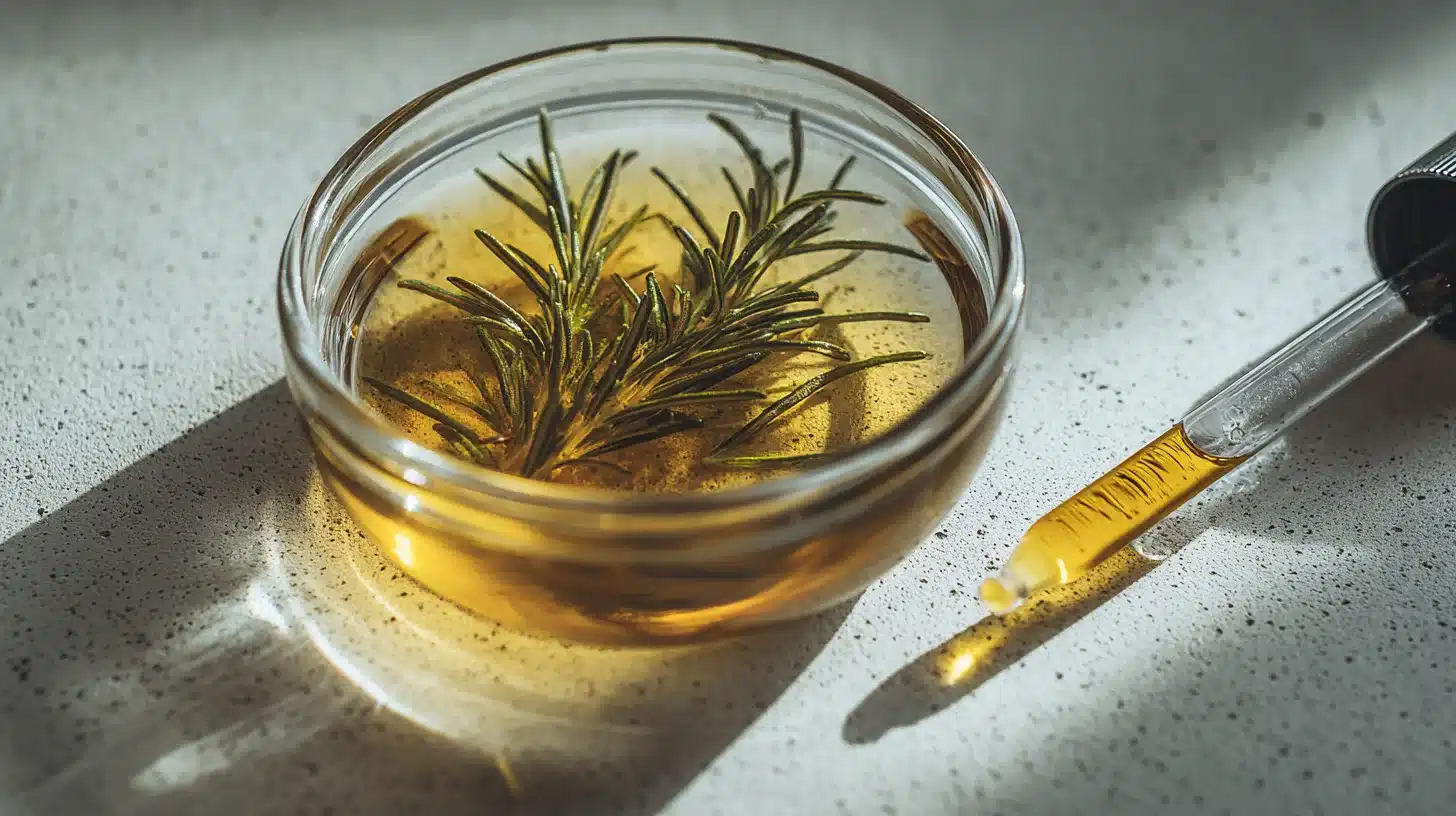 Close up of rosemary sprigs infusing in yellow oil within a small glass bowl next to a dropper filled with oil