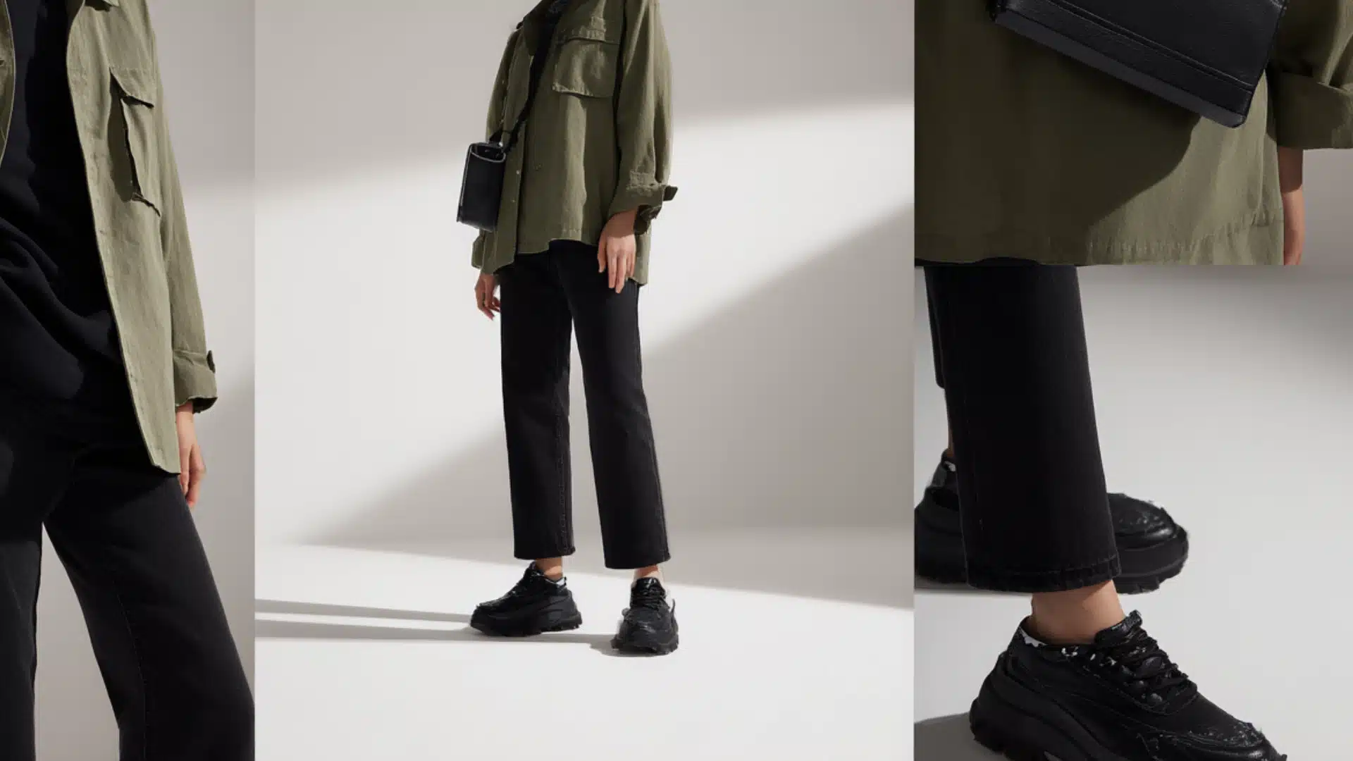 Collage showing a model wearing an olive green utility jacket, black tee, black cropped jeans, and black sneakers with a crossbody bag
