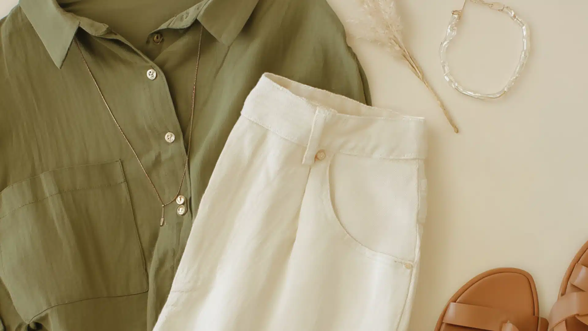 Flat lay of an olive green button-down shirt, white linen trousers, tan leather sandals,white and gold jewelry