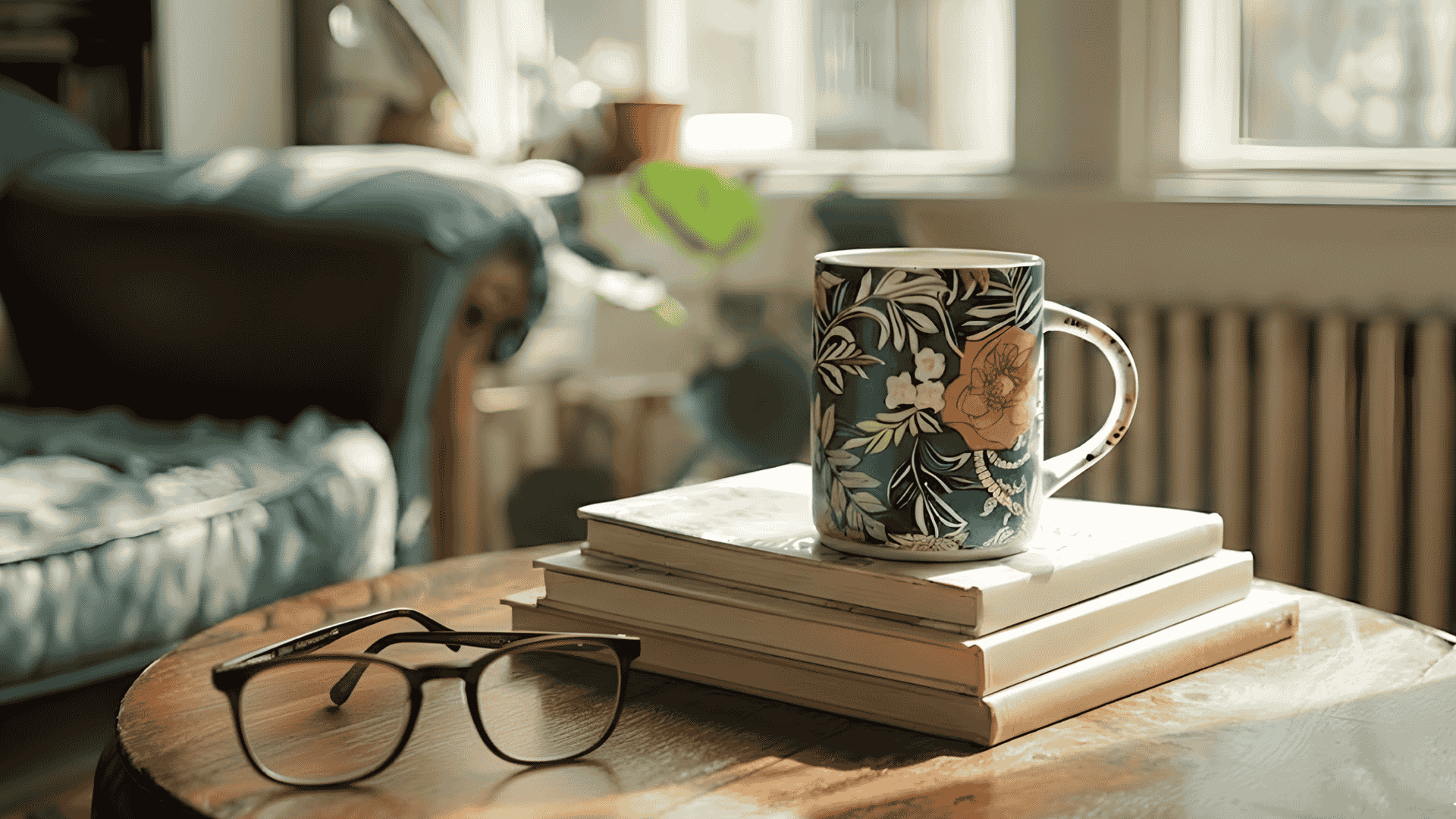 Floral mug on a stack of books and brown glasses on a sunlit table showing how to organize your life in a cozy room space
