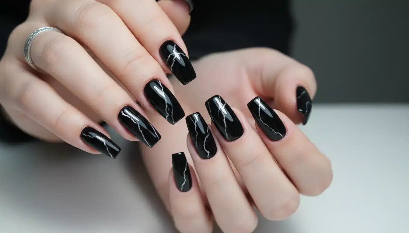 _Glossy black nail polish with a marbled design, featuring striking black marble accents on nails against a natural background
