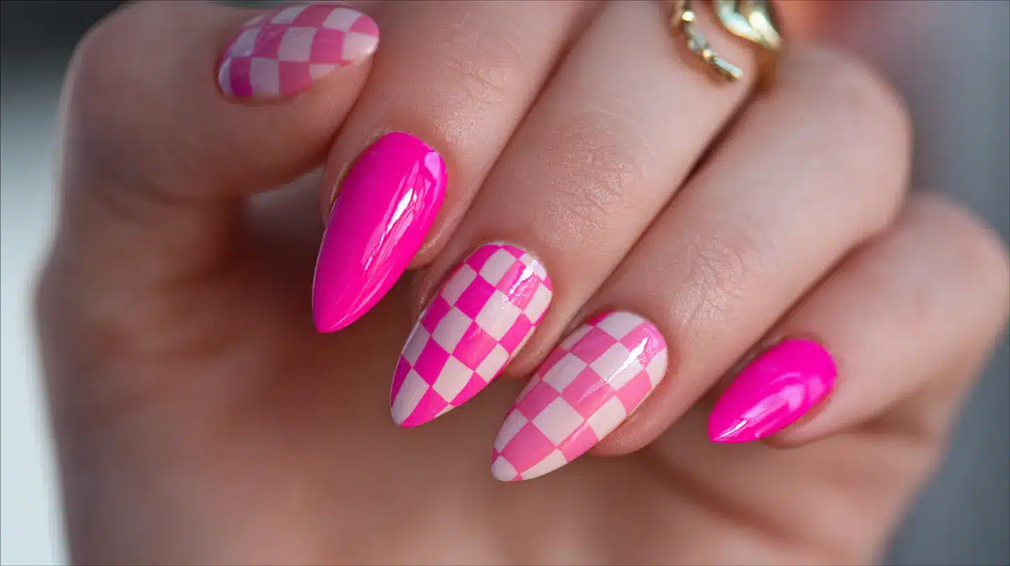 Glossy hot pink nails paired with soft pink checkered accents, creating a bold yet playful manicure perfect for trendy statement looks