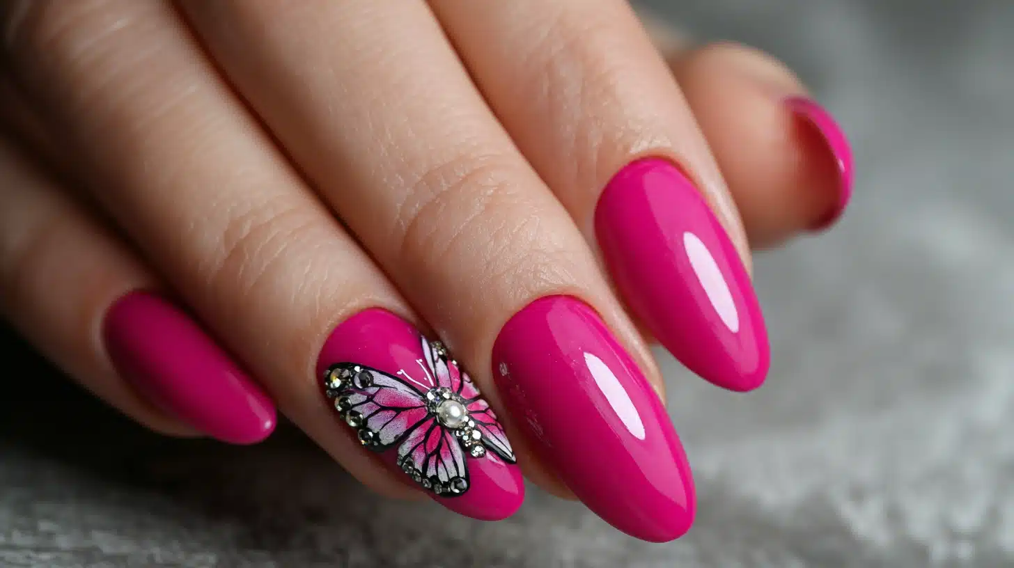 Glossy hot pink nails with a detailed butterfly accent featuring rhinestones create a feminine, elegant, and eye-catching manicure design