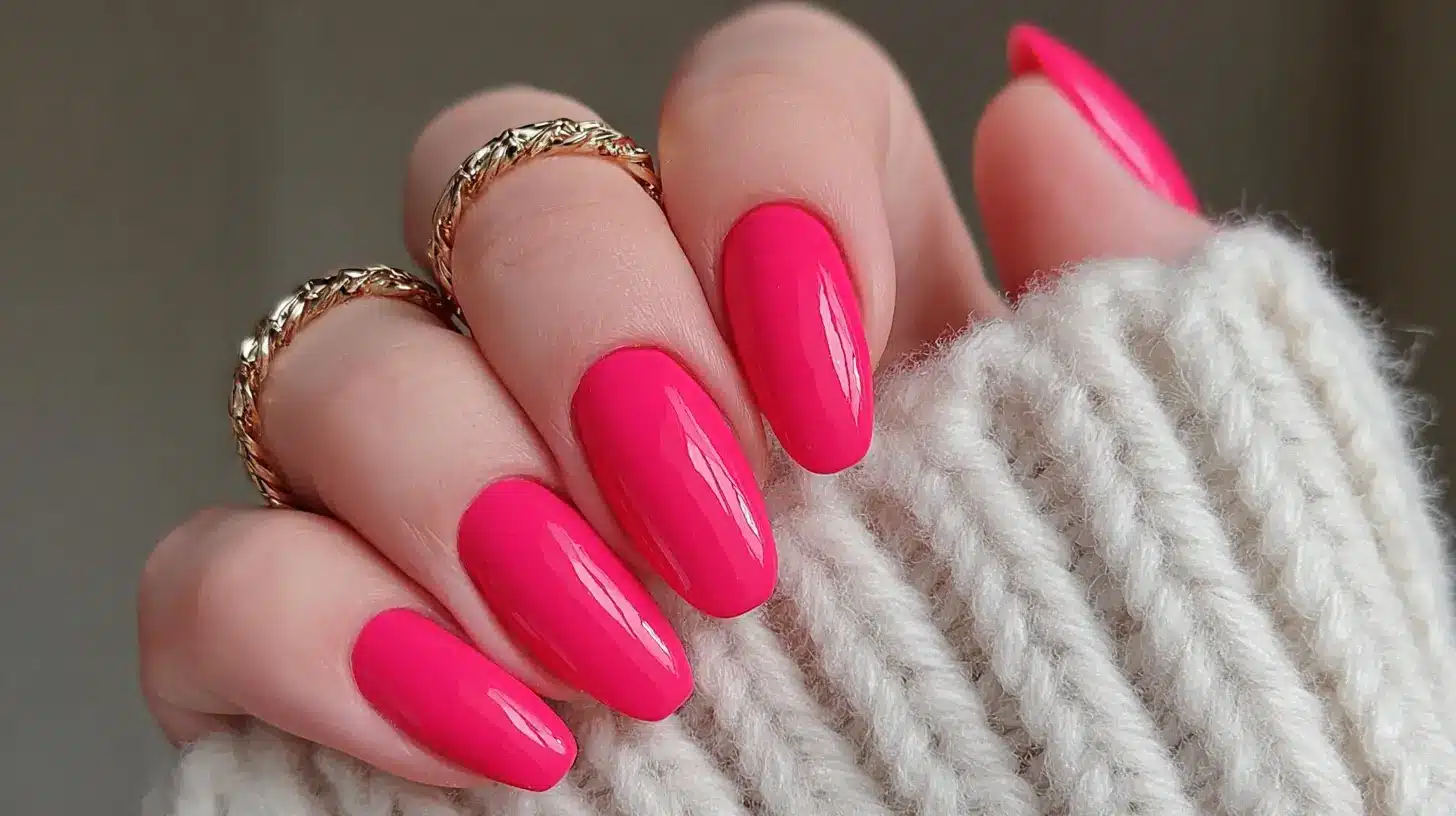 Glossy solid hot pink nails in a smooth almond shape, paired with gold rings and a soft knit sleeve for a bold yet polished look