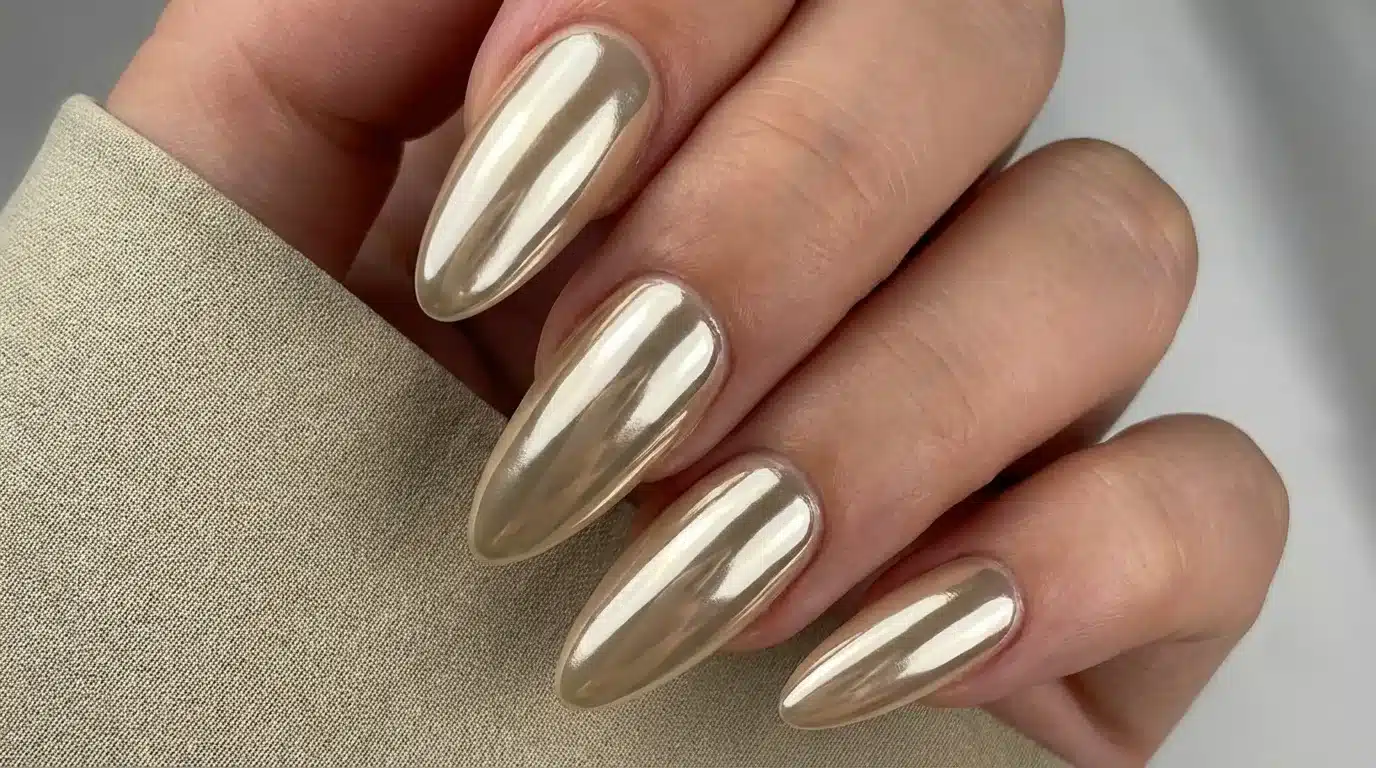 Gold metallic nail polish with a shiny metallic tip, labeled as Vanilla Chrome Nail