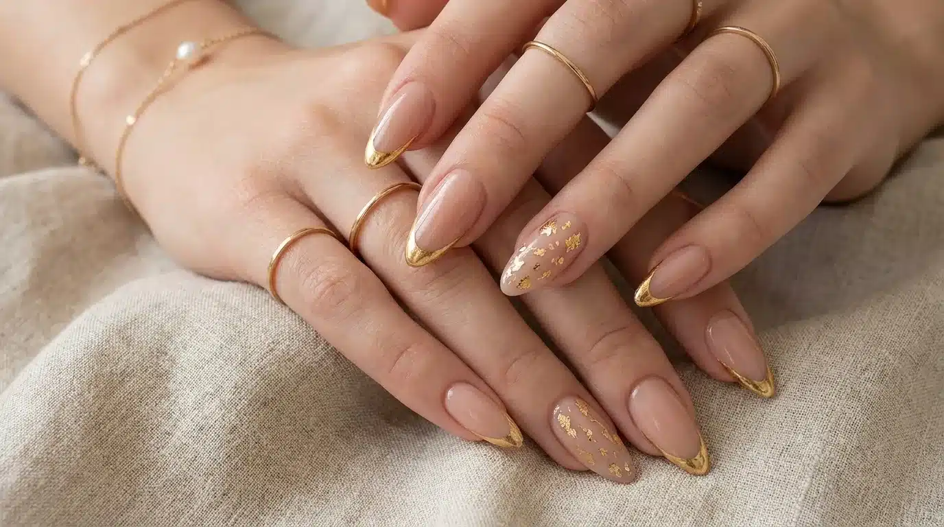 Hands featuring a gold-touched neutral manicure with golden nails and sparkling diamond studs for a luxurious look