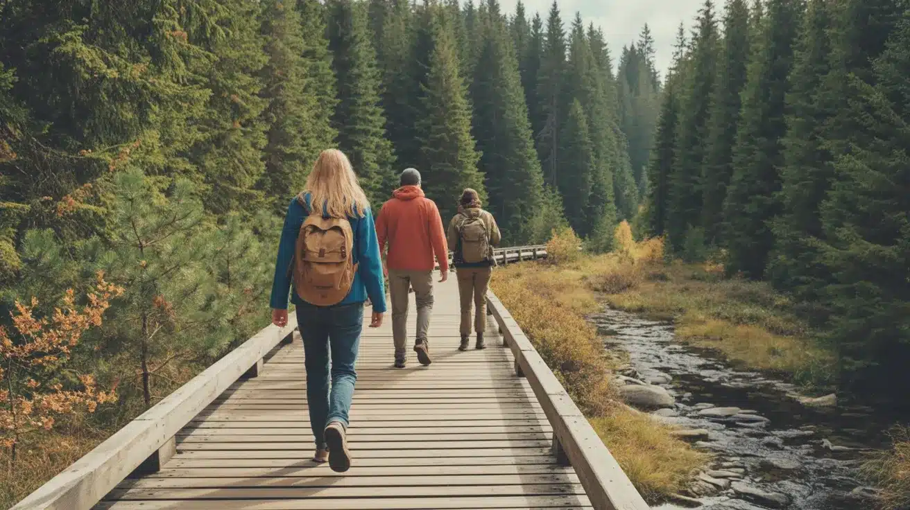 Hikers with backpacks walk across a wooden bridge over a shallow stream surrounded by dense evergreen forest