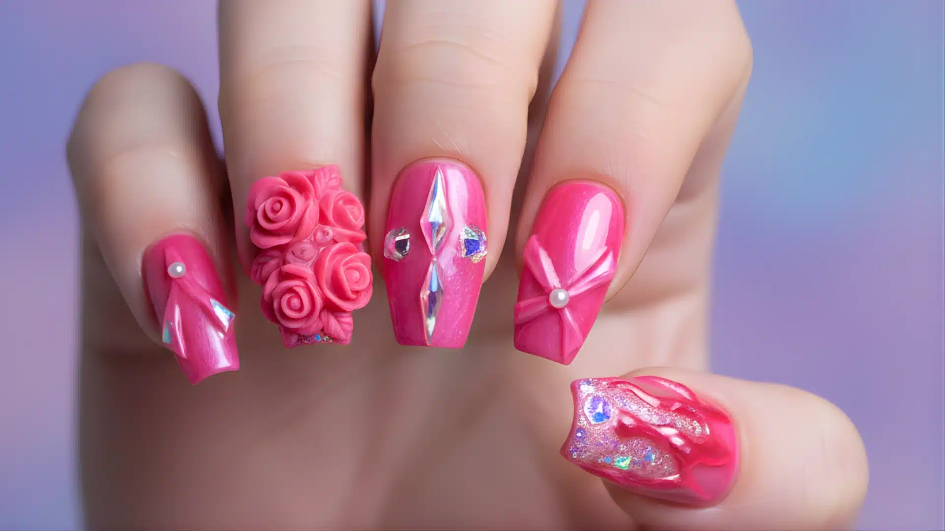 Hot pink 3D nail art featuring glossy coffin nails with rose sculpted accents, rhinestone gems, pearl details, and a cute bow design