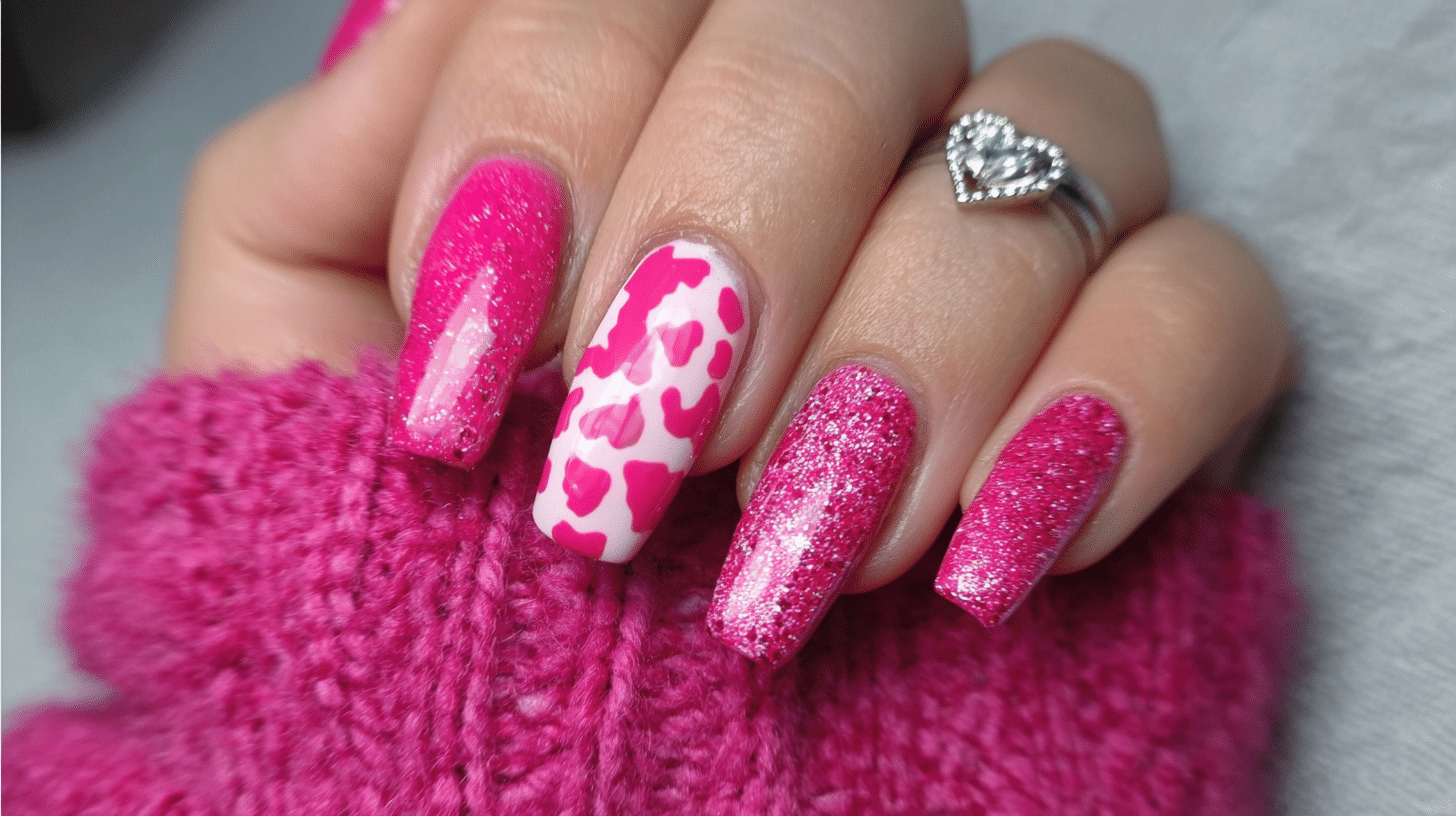 Hot pink cow print nails with glitter accents and a bold white base create a fun, trendy manicure perfect for playful, eye-catching style