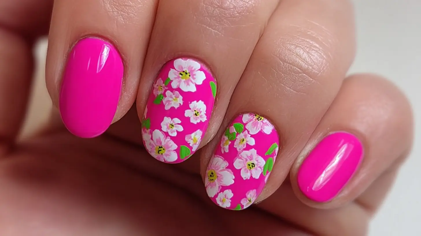Hot pink floral nail art with glossy bright pink polish and delicate white flower accents, creating a fresh, playful, and feminine manicure look