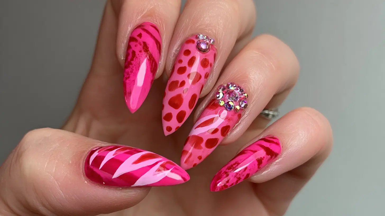 Hot pink graphic pattern nails featuring bold stripes, polka dots, abstract art, and rhinestone accents on long, glossy stiletto nails