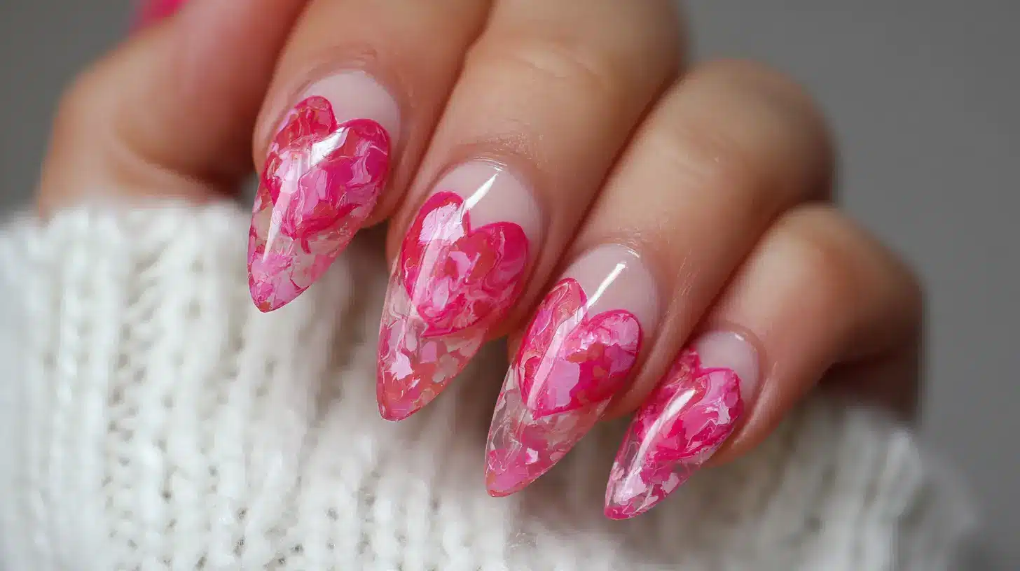 Hot pink jelly nails with translucent glossy finish and layered marbled hearts on long stiletto tips for a bold, trendy look