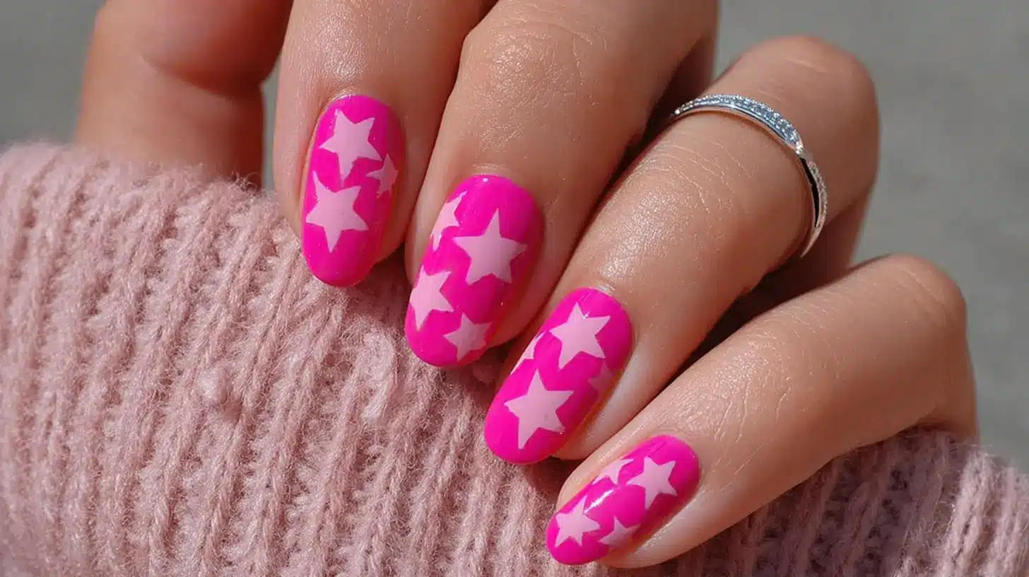 Hot pink nails with cute white star patterns, glossy finish, and a fun playful look perfect for trendy, bold manicure lovers