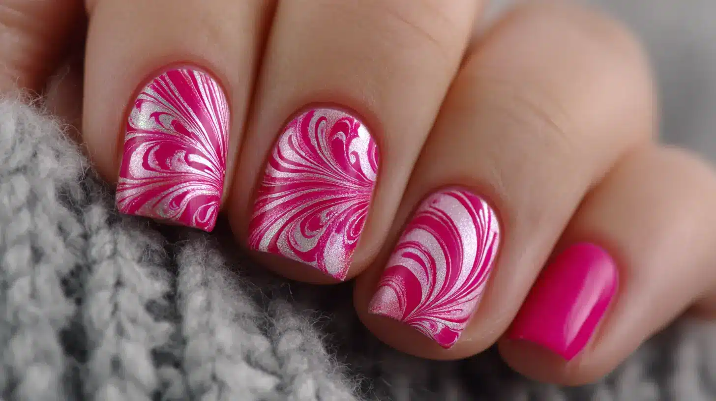 Hot pink nails with metallic silver swirl accents create a glossy, eye-catching manicure that feels bold, modern, and stylishly playful