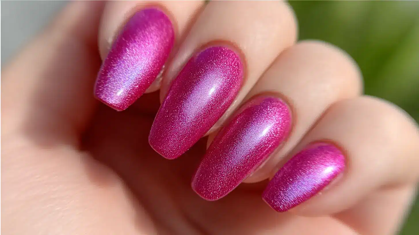 Hot pink shimmer nails with a soft metallic glow, giving a smooth glossy finish that looks bold, radiant, and trendy in any light