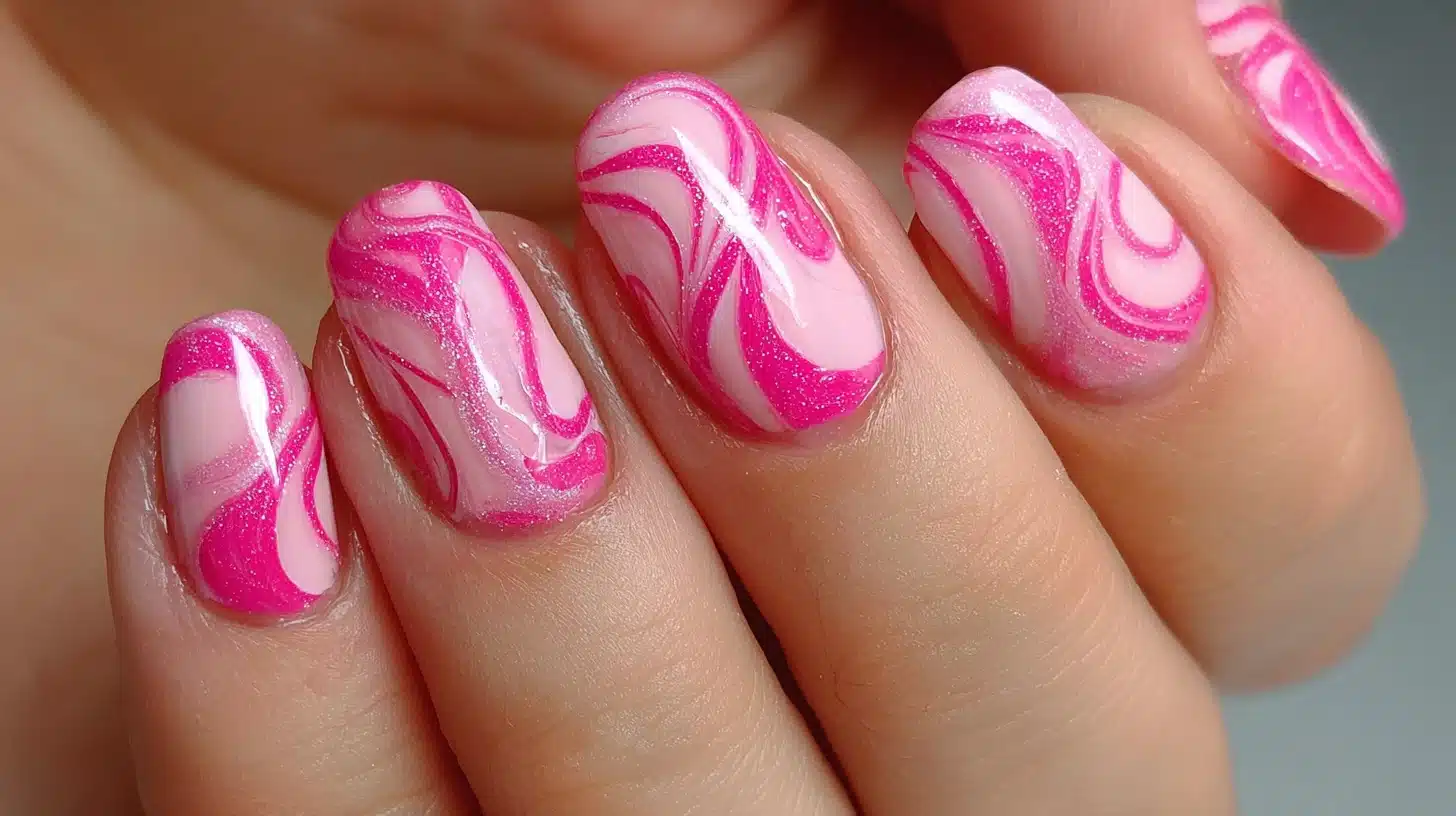 Hot pink swirl nail art with soft pink accents creates a glossy marbled look that feels playful, trendy, and perfect for bold nails