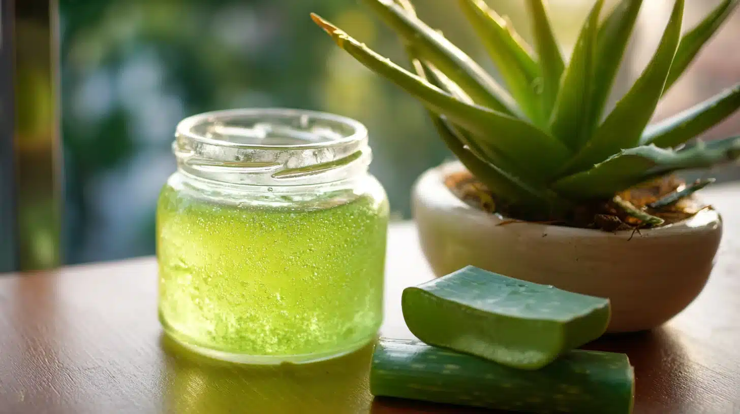 Jar of fresh aloe vera gel sits beside cut aloe pieces and a potted aloe plant on a wooden surface