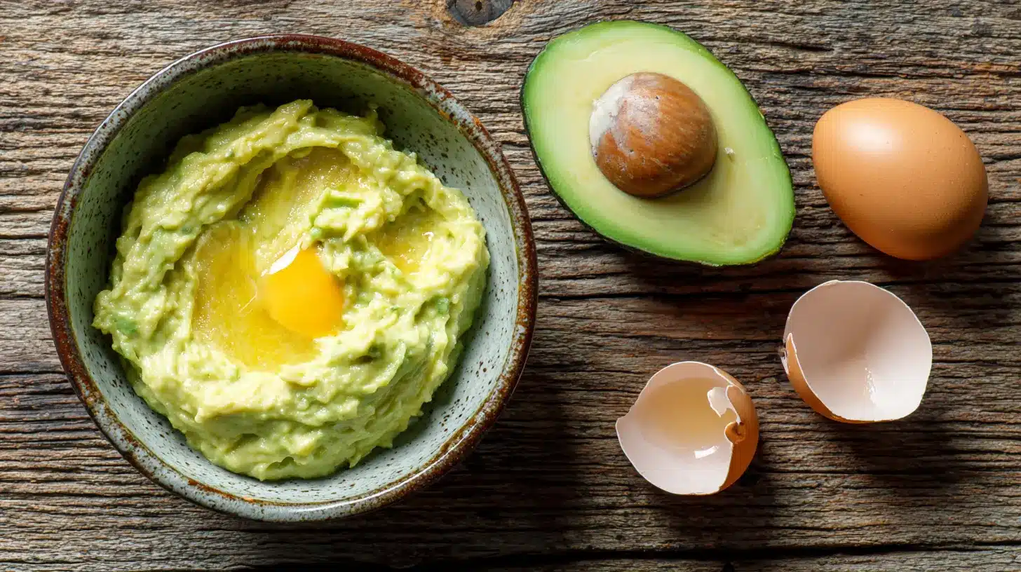 Mashed avocado with a raw egg yolk in a bowl sits next to a halved avocado a whole brown egg and broken eggshells on a wooden surface