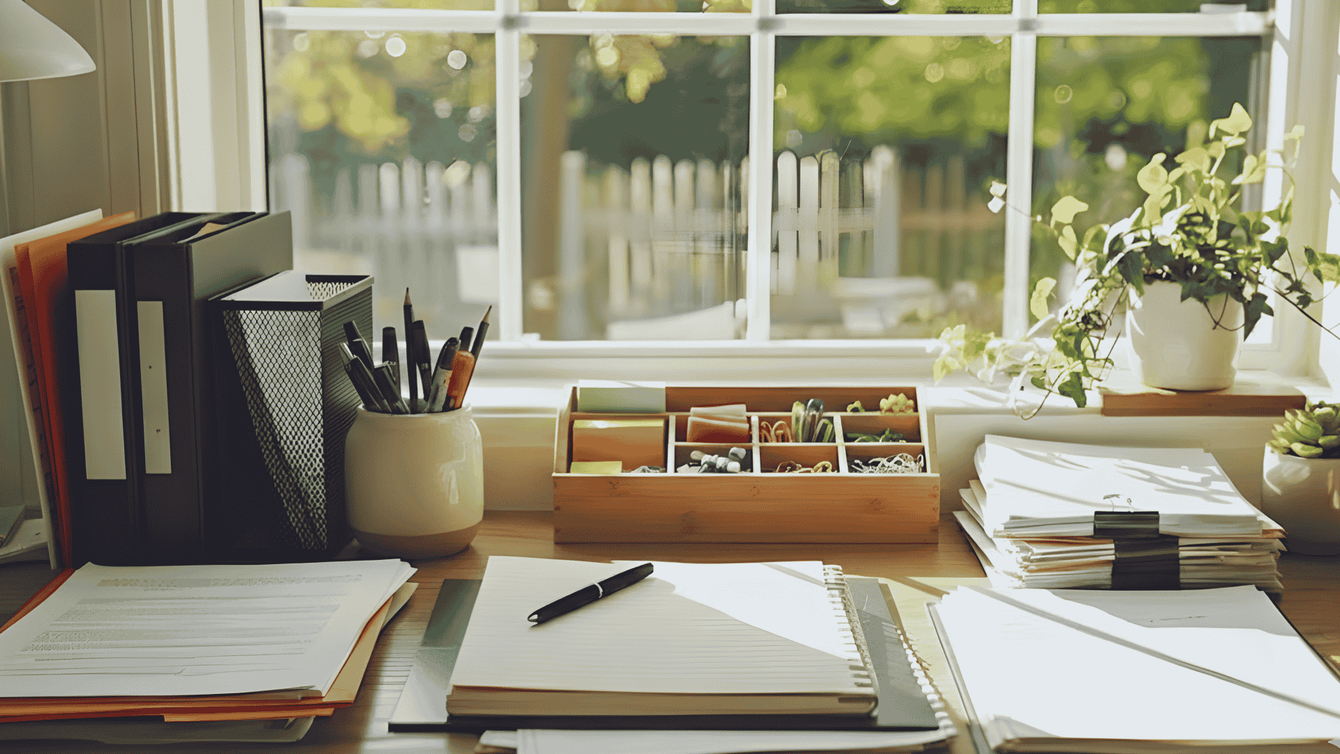 Organized wooden desk with folders papers a pen pot and stationery box near a window how to organize your life today (1)