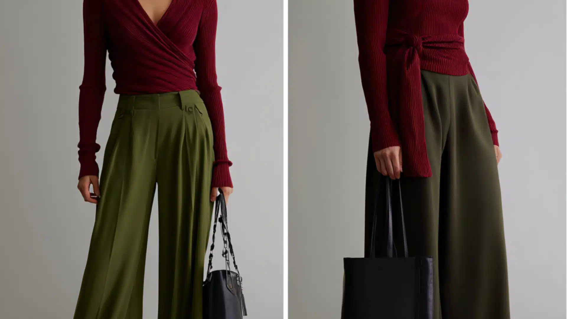 Split image showing a person wearing a burgundy ribbed wrap top and high-waisted olive green wide-leg trousers, holding a black tote bag