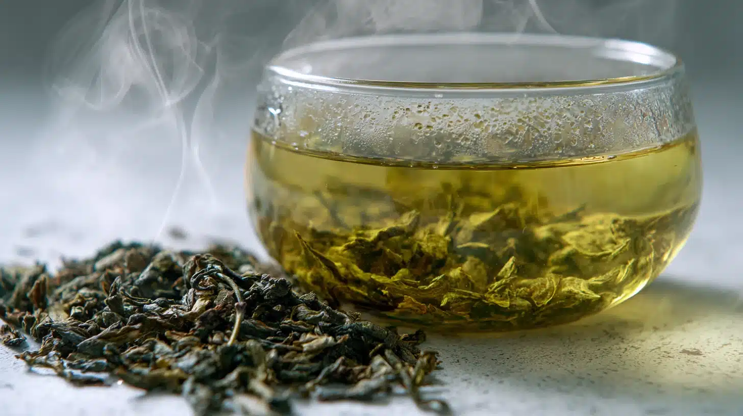 Steaming hot green tea infuses in a glass bowl next to a pile of dry green tea leaves on a light surface