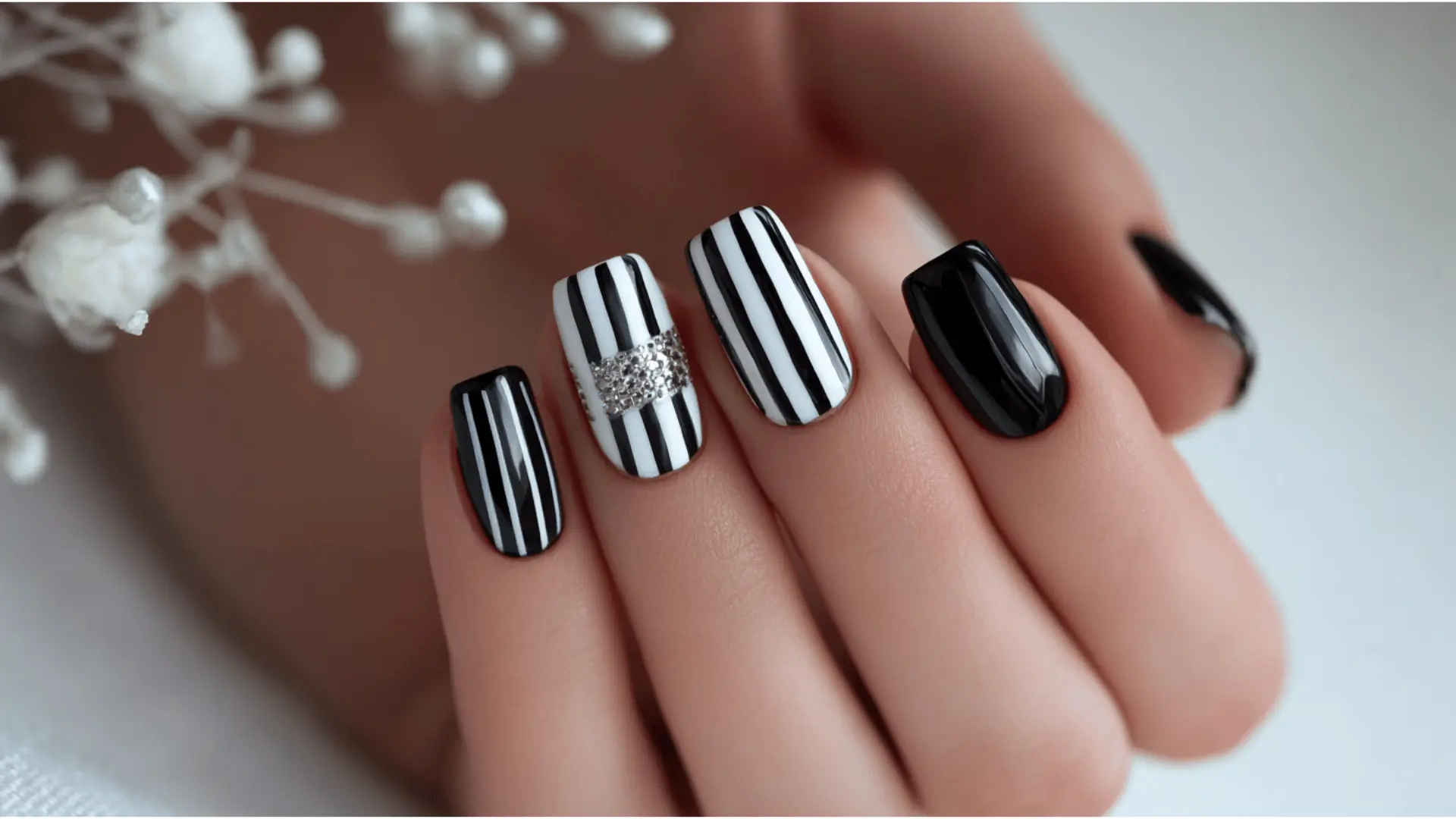 Stylish black and white nail art with bold black and white stripes with gloss finish and a single diamond accent for a chic look