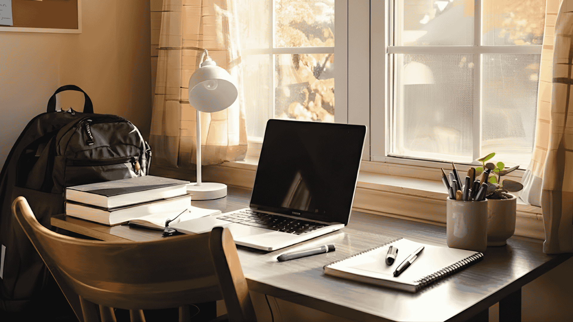 Sunlit desk with a laptop lamp and backpack by a window shows how to organize your life with notes and books on the table (2)