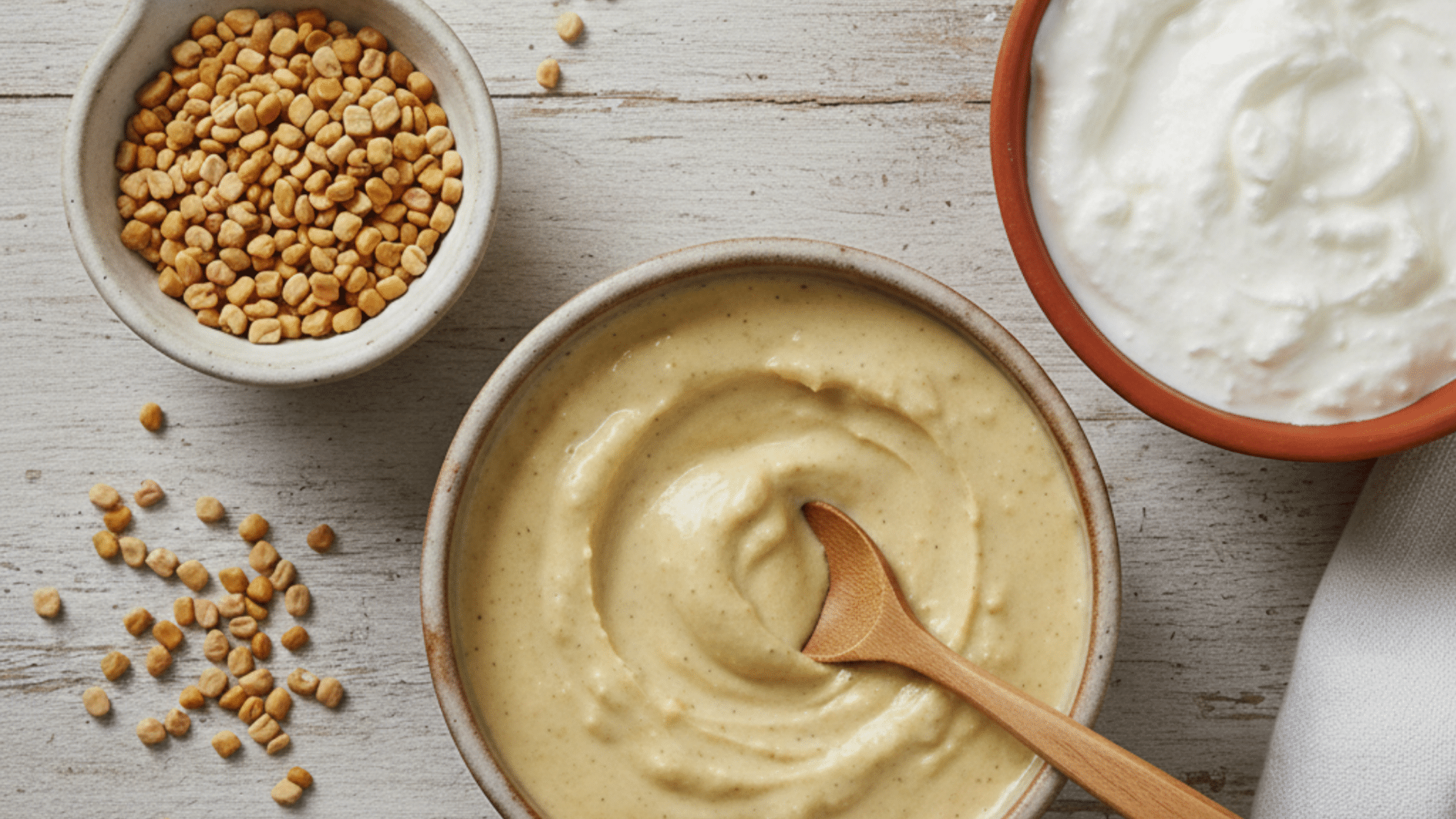 View of fenugreek seeds and a bowl of creamy yellow paste with a wooden spoon and a bowl of white yogurt on a light wooden surface