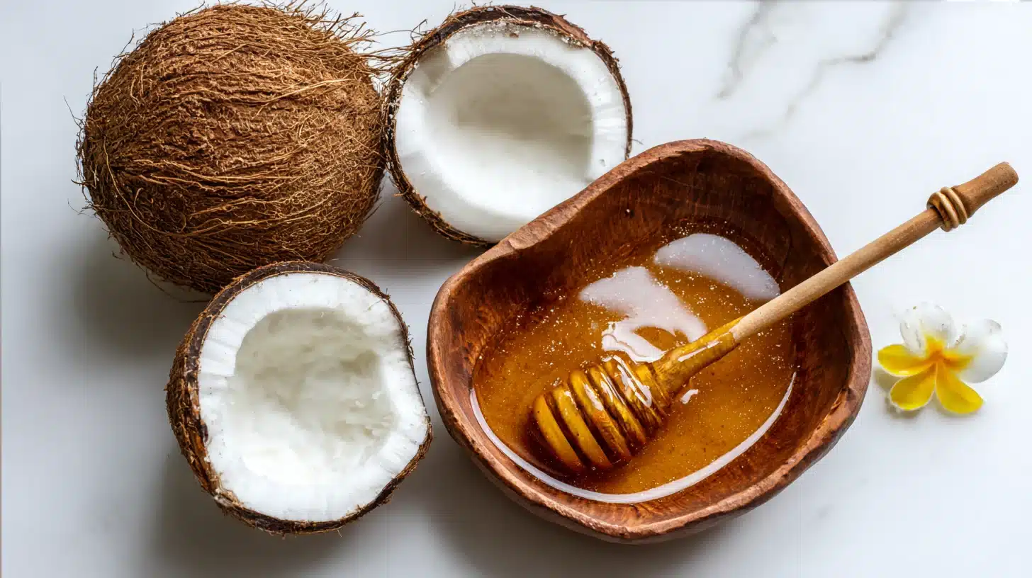 Whole and halved coconuts are displayed next to a wooden bowl of honey with a dipper and a small yellow plumeria flower