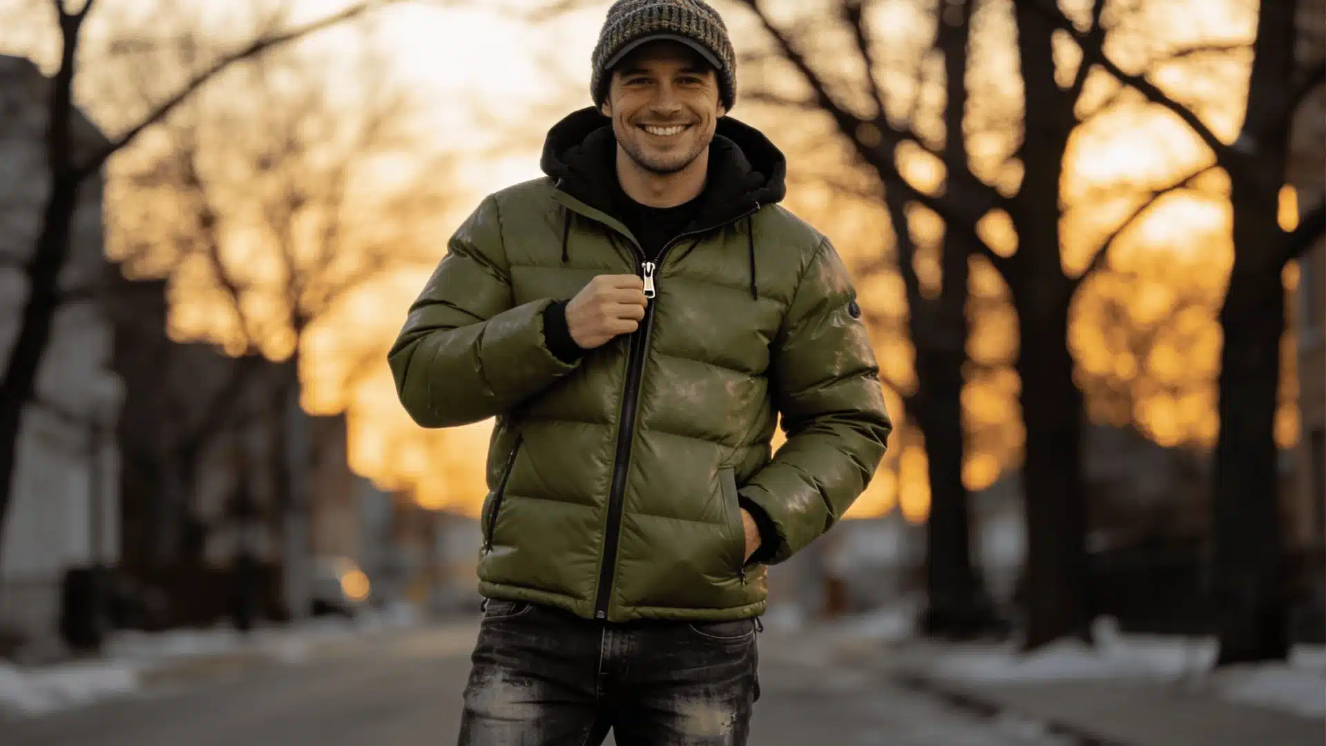 man in a green puffer jacket and knit beanie stands during golden hour with blurred, leafless trees lining the background.