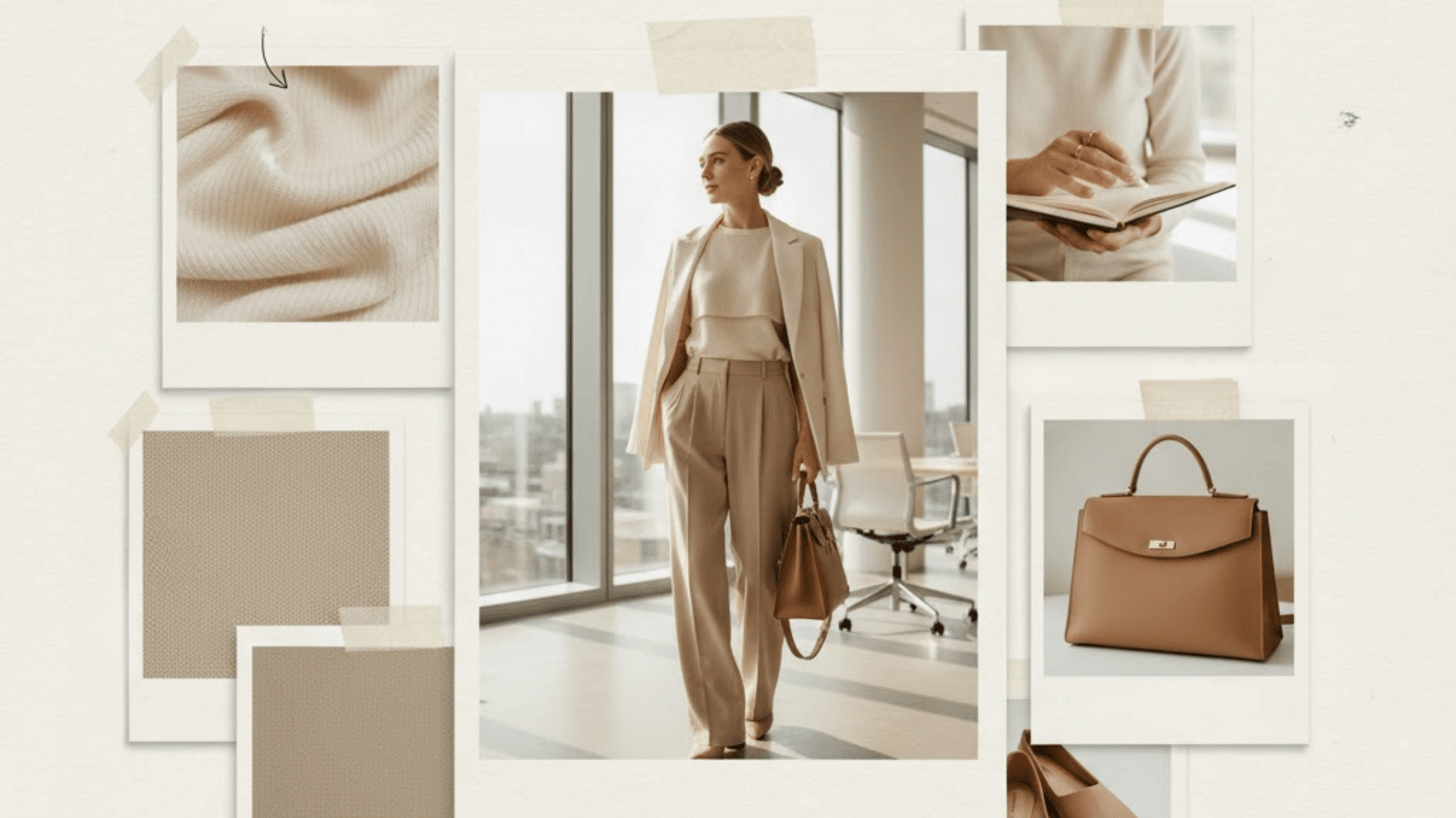 Neutral-toned casual Friday outfit with a beige blazer, trousers, and a handbag, styled for a polished office look.