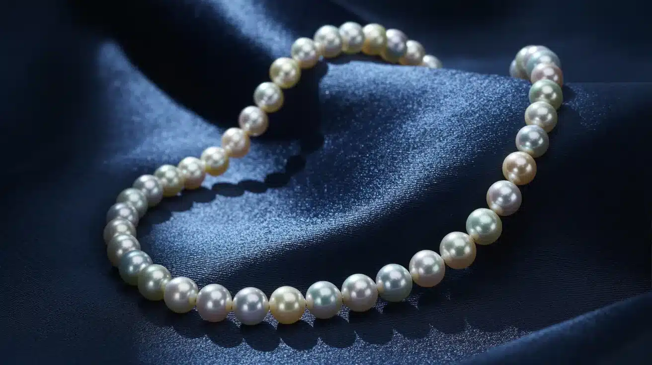 A lustrous pearl necklace resting on a smooth blue fabric, highlighting its shine and elegance
