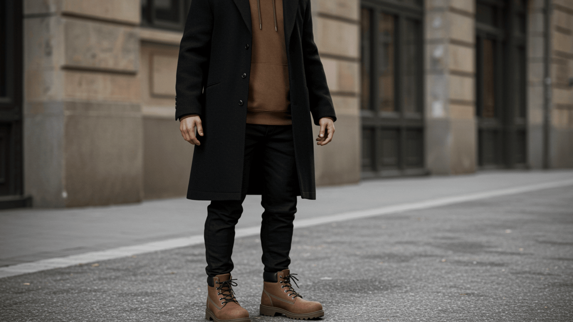 A man wearing a black overcoat, a brown hoodie, black pants, and brown work boots is standing on the city pavement.