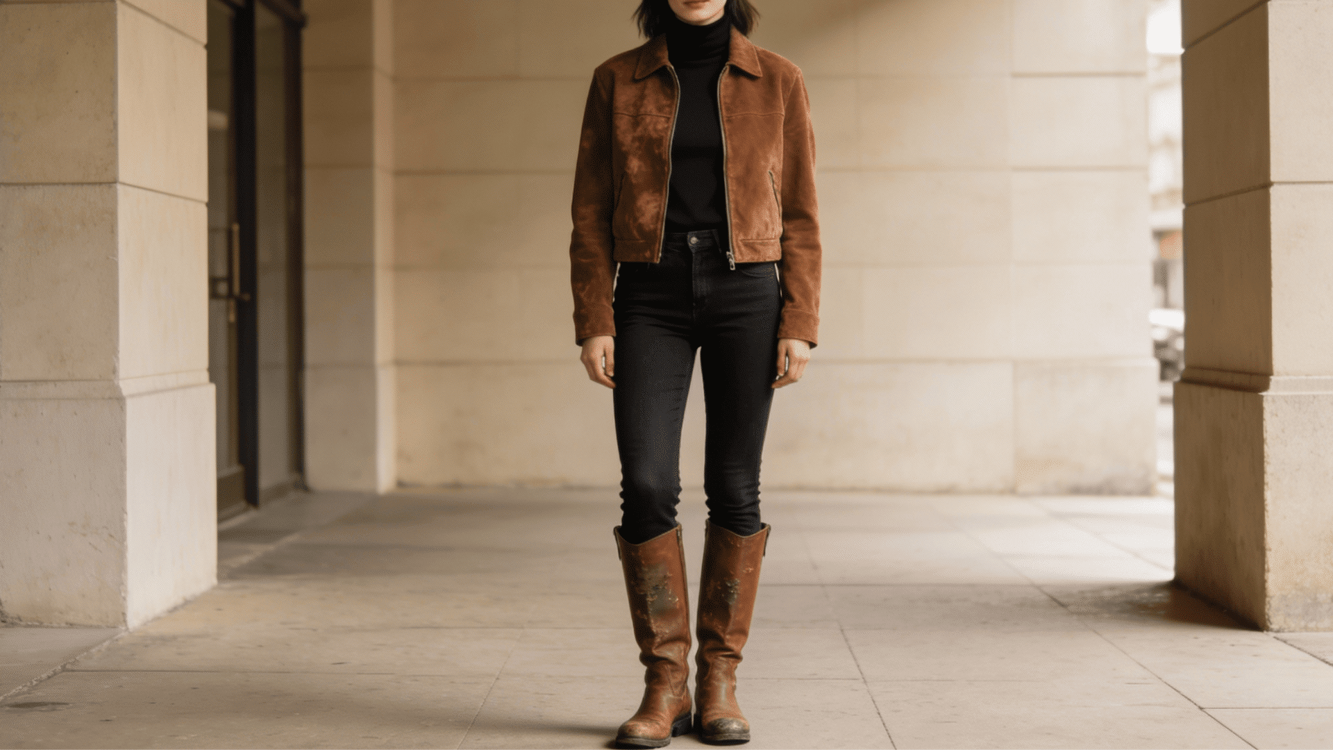 A woman in a brown suede jacket, black turtleneck, black skinny jeans, and tall brown leather boots is standing.