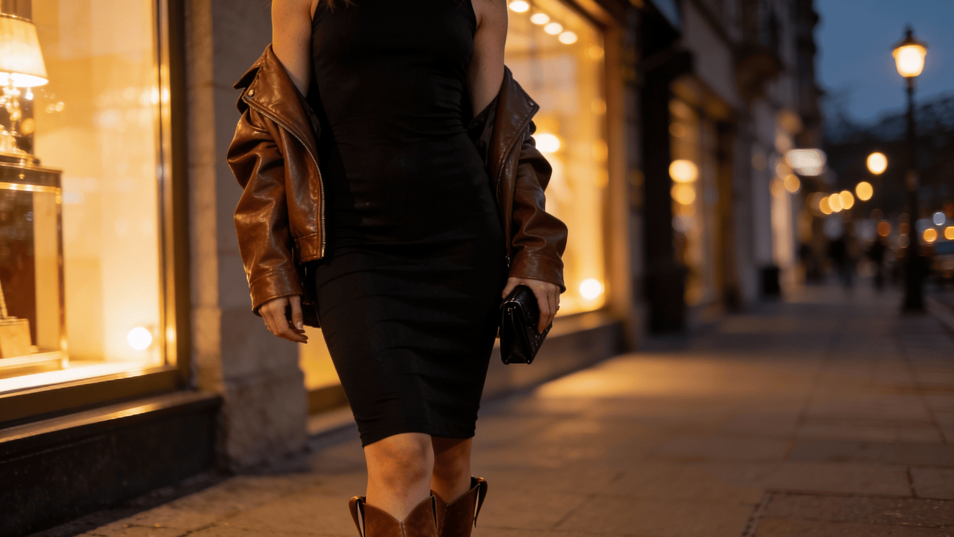 A woman wearing a black dress, a brown leather jacket, and cowboy boots on a city sidewalk at night.