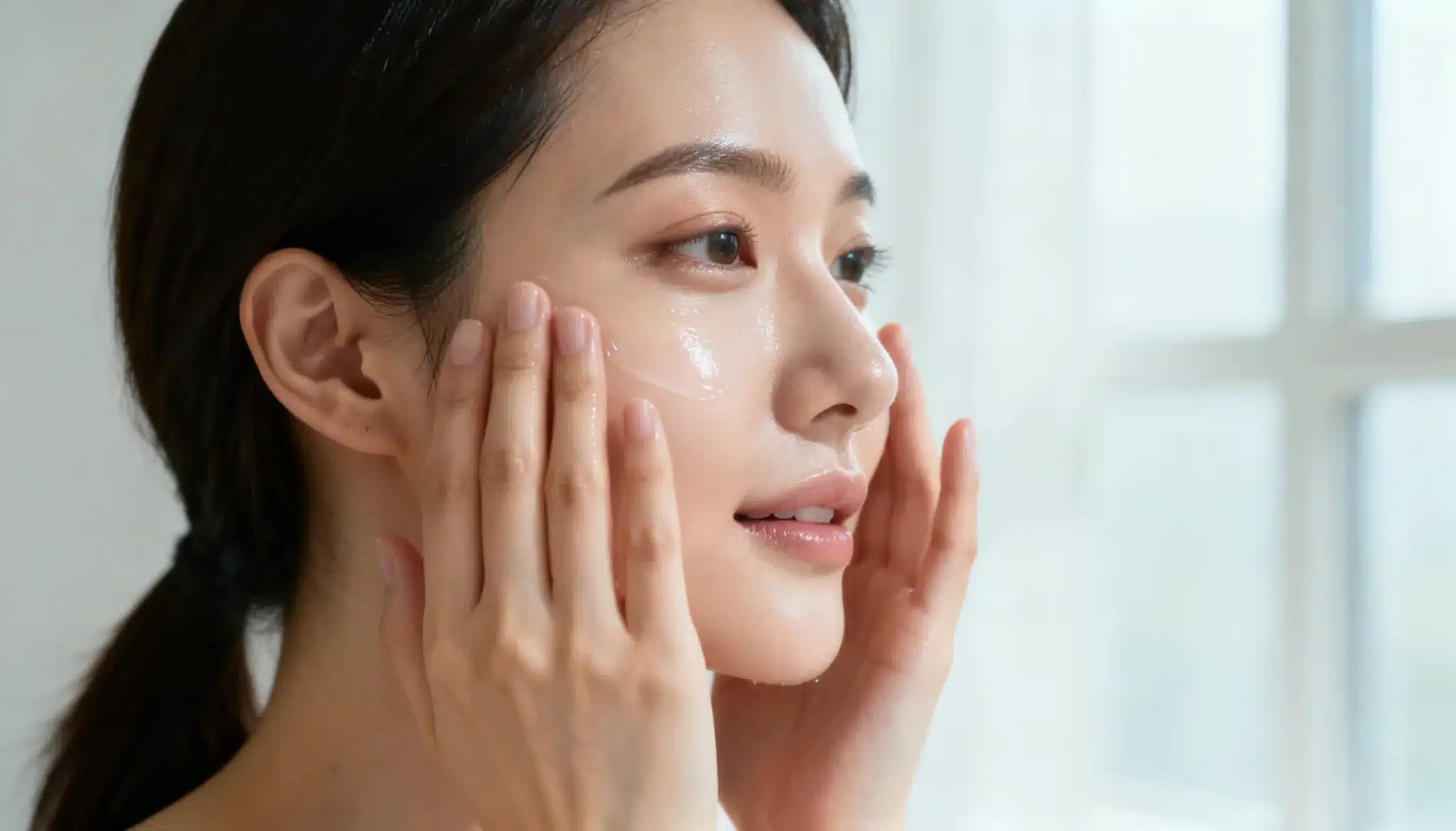 Close-up of a woman following a Korean skincare routine and gently applying a clear, hydrating product to her dewy skin