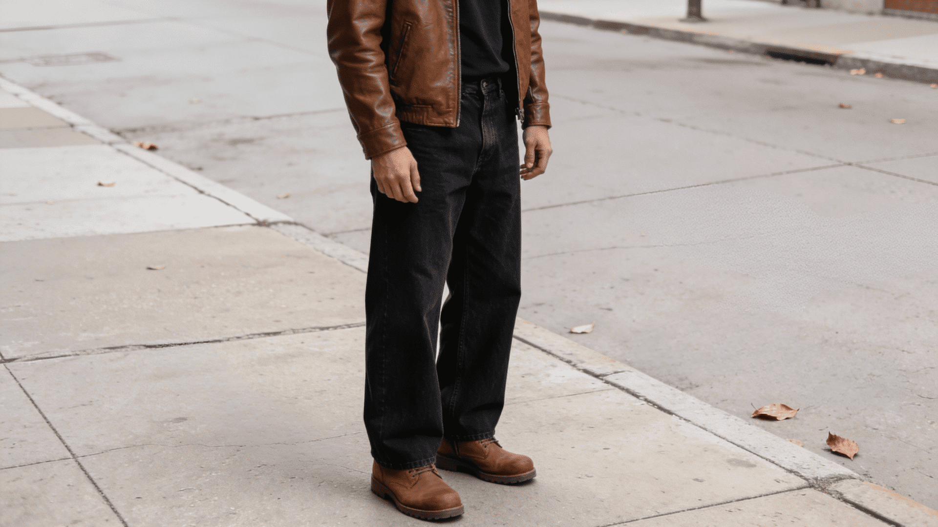 Close-up view of a person wearing a brown leather jacket, loose-fitting black jeans, and brown boots standing on the sidewalk