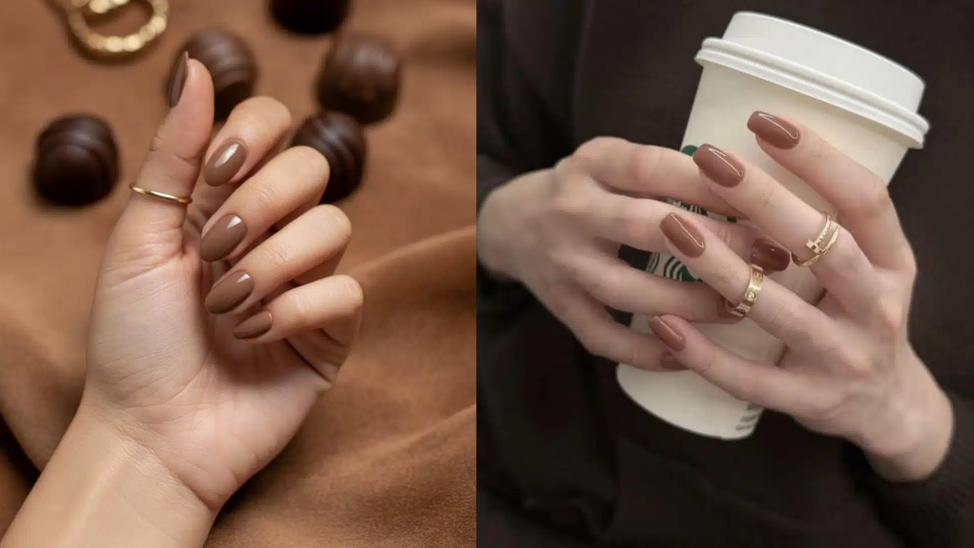 Diptych showing two sets of hands with almond-shaped, glossy milk-chocolate brown nails, one next to chocolates and the other holding a white to-go coffee cup