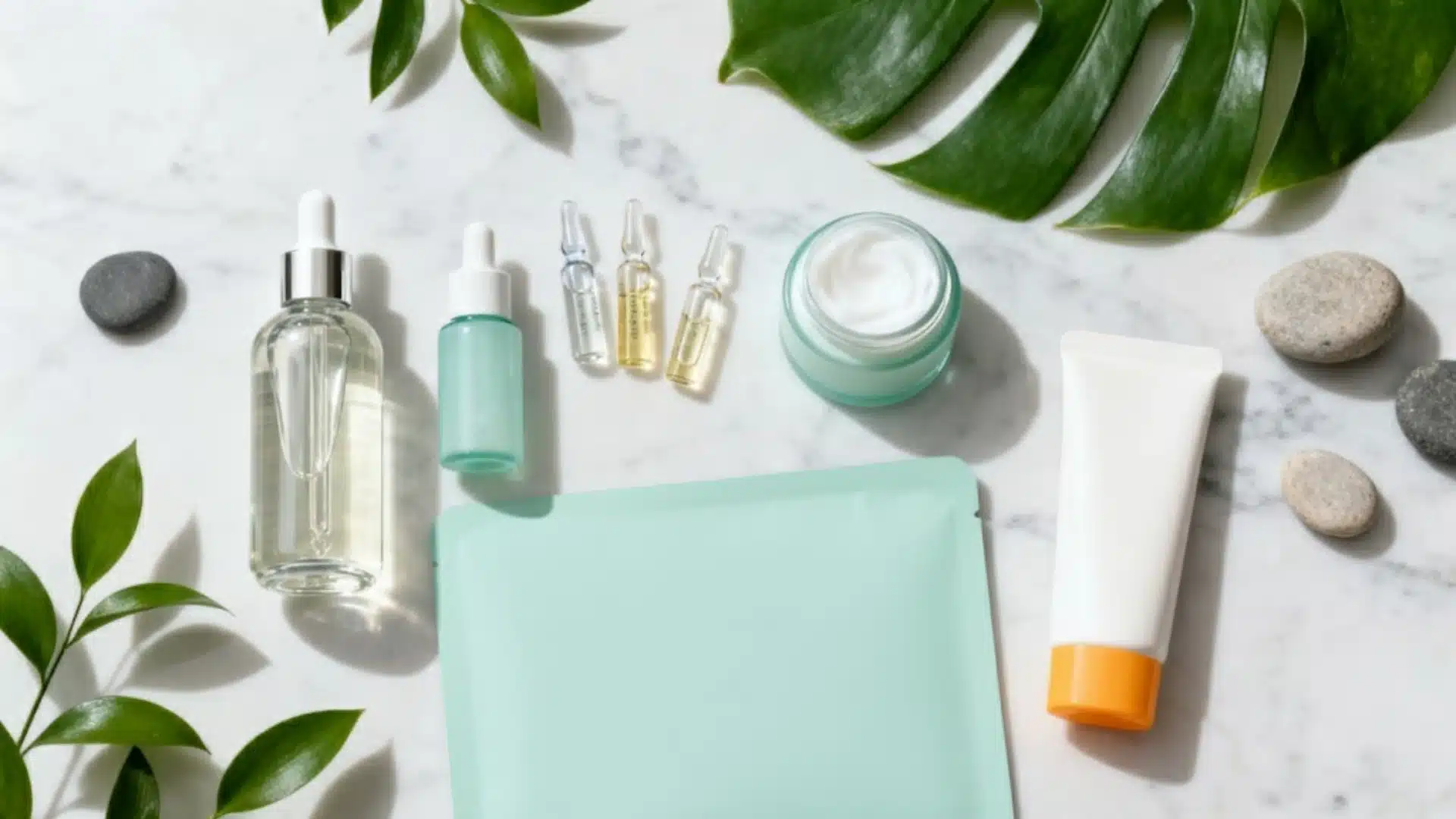 Flat lay of various serums, an open cream jar, a sheet mask, and a white tube on a white marble surface showing the products used in korean skincare steps