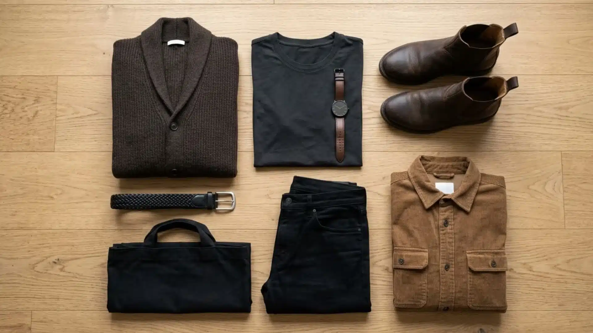 Image of a brown and black outfit, including a cardigan, black tee, a watch, black jeans, brown shirt, black belt, black bag, and brown boots