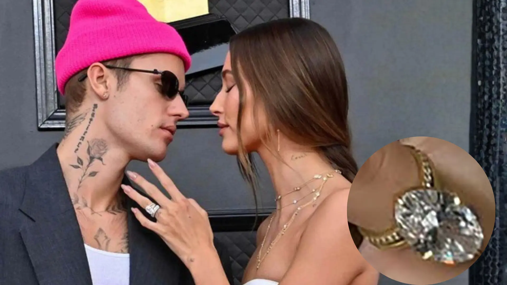 Justin and Hailey Bieber pose closely with an inset image highlighting Hailey's large oval diamond engagement ring