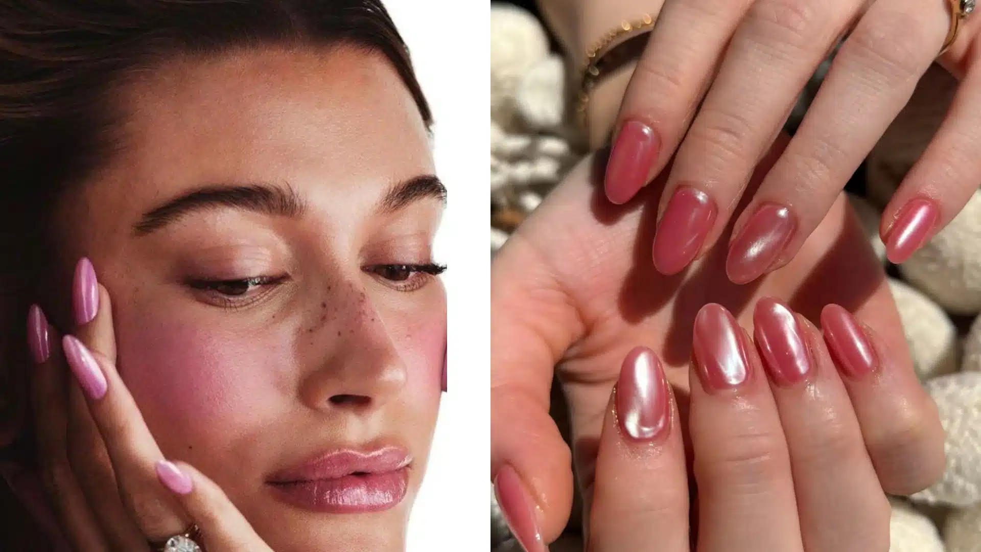 Split image featuring a close-up of a woman with flushed cheeks and pink glossy lips next to a close-up of hands showcasing almond-shaped nails with a shimmery, pearlescent pink manicure (2)