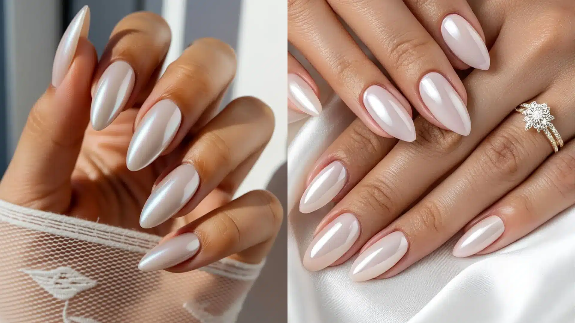 Split image showcasing almond-shaped nails with a pearlescent nude finish, one hand wearing a white lace glove