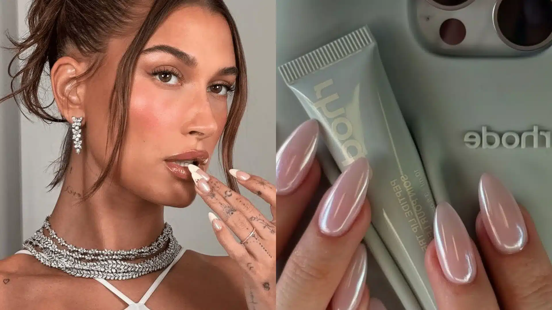 Split image showing Hailey Bieber with jewelry on the left and a close-up of pearlescent pink almond-shaped nails holding a pale gray beauty tube on the right