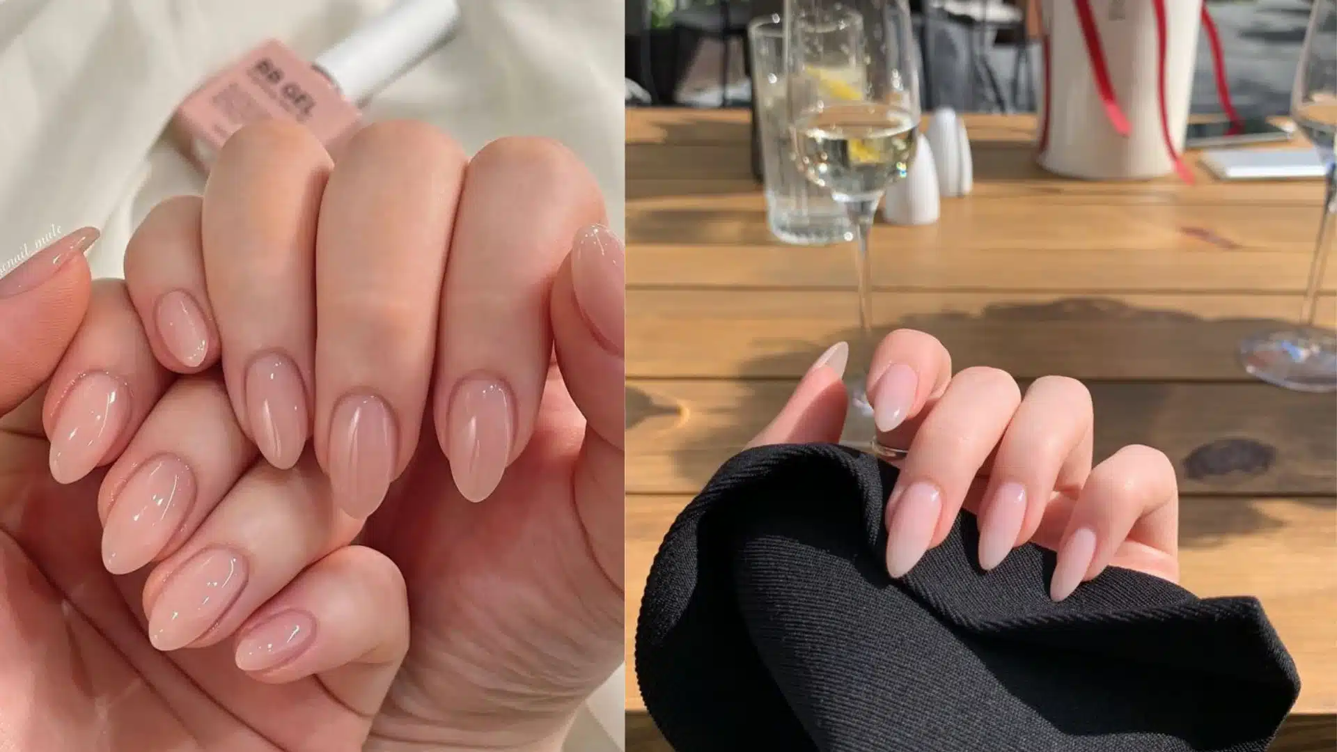 Split image showing close-ups of manicured, sheer pink almond-shaped nails, one beside a bottle of BB Gel polish and the other resting near champagne glasses on an outdoor wooden table